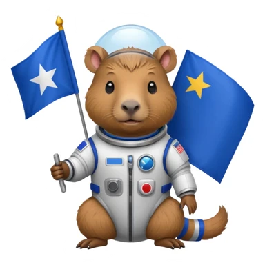 Capypara in space suit, holding blue rectangle flag sticker