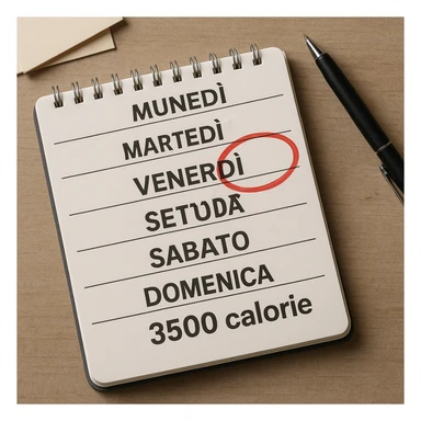 Hyperrealistic top-down view of a weekly calendar in Italian, showing days from Monday to Sunday. Friday is circled in red. Below both Saturday and Sunday, the text '3500 calorie' is clearly visible. The scene has 4K details and a desk atmosphere. sticker