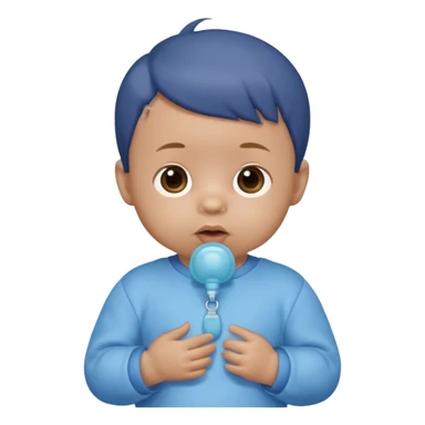 A cartoon baby with light skin, small tuft of hair, wearing a baby outfit, holding a pacifier, front-facing sticker