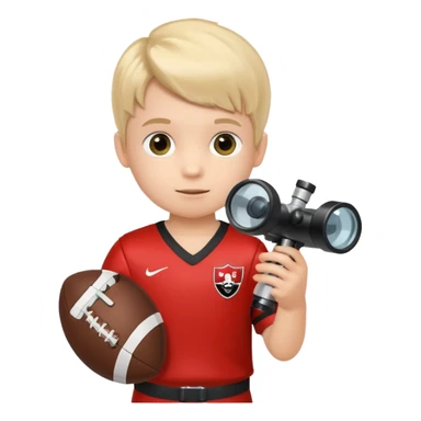 A child stands in a football costume, holding a microscope in his hands sticker