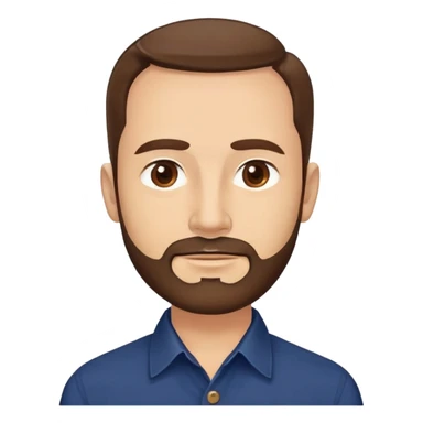 Man in his mid-50s with light skin tone. Round face with broad cheekbones. Lively brown eyes, prominent eyebrows. Full brown hair with minimal recession at temples. Brown beard covering jaw and chin. Slight smile. Wearing a navy button-down shirt. sticker