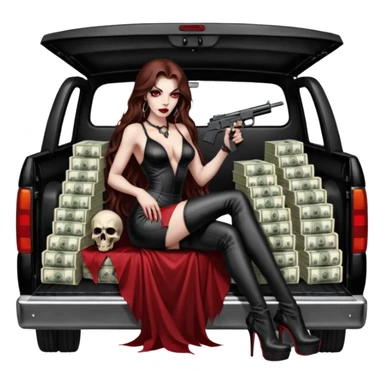 Lilith red eye seductress evil long brown haired sexy succubus woman with leather long dress with slit on, sitting in Big Large F350 pickup truck. Wearing super tall black platform high heels, Back seat full of stacks of cash, she is  Holding a human skull of her enemies and a gun in other hand sticker