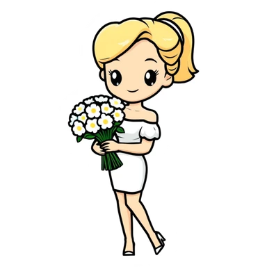 blonde woman in a white off-shoulder dress with a bouquet of white flowers in a white bag in her right hand sticker