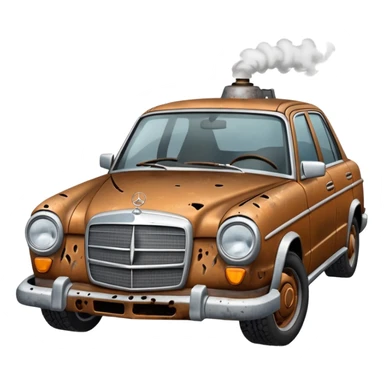 a broken mercedes with steam coming from below the bonnet sticker