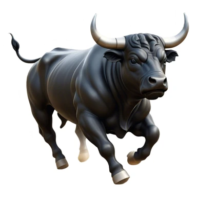 ​Cinematic Realistic Black Charging Bull, depicted in mid-charge with a powerful, muscular form and glossy black hide glistening under dynamic dramatic lighting, dust and motion captured mid-air to exude raw strength and unbridled energy on an expansive arena, sticker