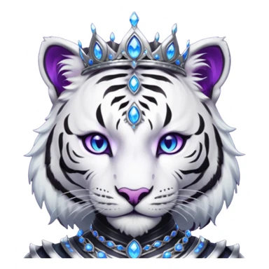 ESO Female white/black tiger khajiit leader of the umbral rose, glowing blue eyes, glowing blue 'third eye' gem; beautiful purple gemmed silver tiara sticker