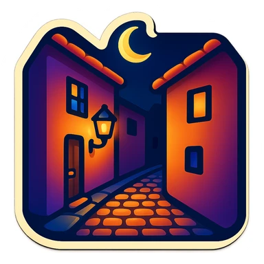 Simplify the background buildings in this dimly lit alley emoji while keeping the same retro stickers style and transparent background. sticker