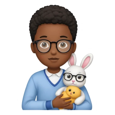 black boy kid with glasses → holding a toy rabbit sticker