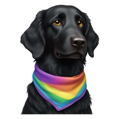 Black Flat coated retriever with small ears wearing rainbow bandana sticker