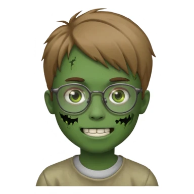 boy zombie with light brown emo hair and green skin and glasses and corner smile sticker
