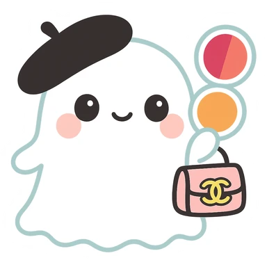 Make the colors in the blush compact darker, with one side a deep pink and the other a rich orange. Keep the ghost white, with a black beret and pink Chanel purse, kawaii style, no background. sticker