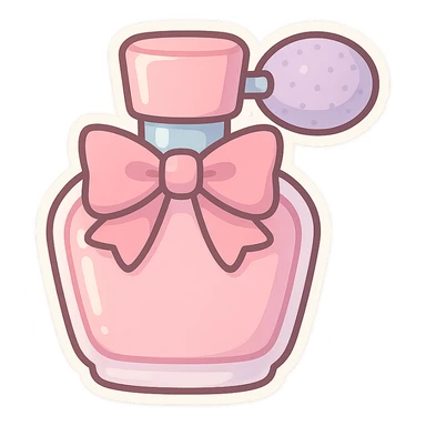 chibi sticker-style perfume bottle with a girly vibe, pastel colors, bow accent, cute and exaggerated sticker