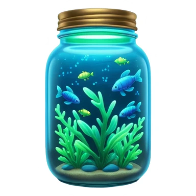 3D render of Firefly Jar, bioluminescent deep sea style, glowing neon blue and green lights, dark background to contrast the glow, translucent organic textures. sticker
