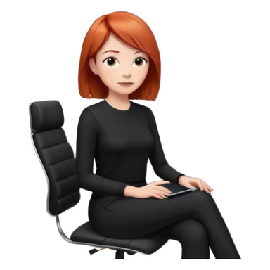 “Video call therapy session: red-haired therapist with short hair wearing black minimalist clothing, seated in a professional home office, looking at the webcam; client with long hair wearing all-black outfit visible on screen; calm, modern teletherapy setting sticker