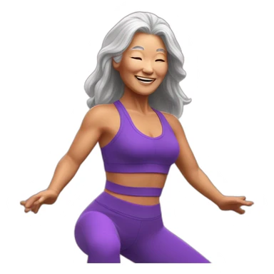Long hair Asian senior woman in sexy purple yoga cloth dancing Zumba sticker