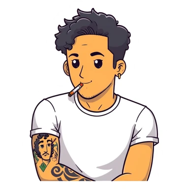 Italian man with tanned skin, curly black hair in short bob style, stubble, olive eyes, gold earring in left ear, white t-shirt, black tattoo on forearm, smoking cigarette sticker
