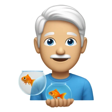 Man with white hair and blue eyes holding a goldfish sticker