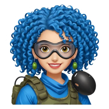 blue curly haired paintball player girl with huge earrings, wearing paintball mask sticker