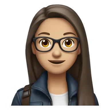 Slavic girl with long straight brown hair, fair skin, dark brown eyes, smile, black glasses, wearing a blue scarf around her neck and a leather jacket. sticker