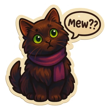 Fluffy cute curious confused dark-brown cat with green eyes and a purple scarf saying ‘mew??’ with a tilted head (With a speech bubble) sticker