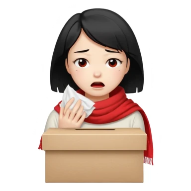 a pretty bratz fair girl crying in a loose oversized off white tshirt and red scarf with short black hair with a tissue box sticker