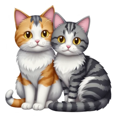 full body colourful light patched calico + white tabby cat cuddling a bigger cat that is dark grey and white tabby cat  and they are in love sticker