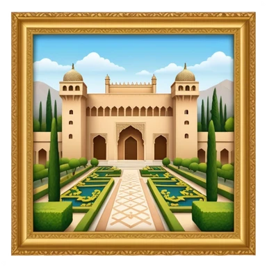 Cinematic Realistic Alhambra Landmark Emoji, showcasing the ornate historic palace with lush gardens rendered with rich textures and soft, majestic lighting. sticker