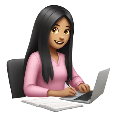 smiling girl with long black hair studying writing on a pink laptop sticker