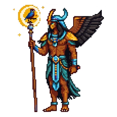 Egyptian moon god Khonsu with falcon head, lunar disk and crescent moon on head, divine staff sticker