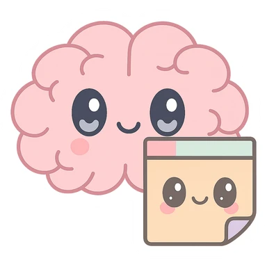 Combine the kawaii sticky note and kawaii brain together in one image, both with cute faces, pastel colors, simple design, no background. sticker