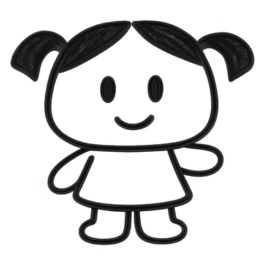 Monica Toy character as a simple, modern icon, clean lines, minimal details, flat color sticker