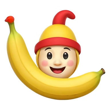 A 3D cartoon banana with a red nose and tiny hat, smiling face, playful pose, Memoji-style. sticker