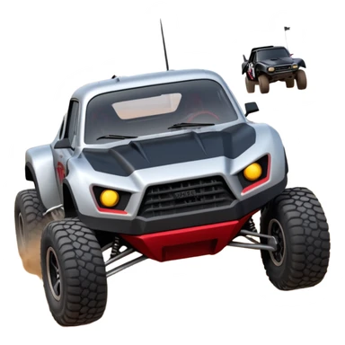 Satan’s and Vader (post race) Cabernet Dirty and dented Local Motors Rally Fighter off road race car hot rod trophy truck-style flying on a dusty road (silver wheels) sticker