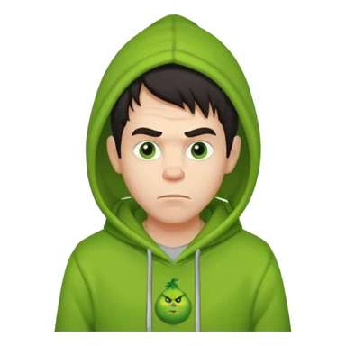 Create an avatar of white European with dark hair  male in hoodie with ``BST`` letters on it. Make background to look like from movie Grinch. make him look to left side sticker