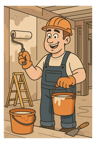 a construction worker painting a wall on a renovation site, with tools and paint buckets, fun and friendly look, cartoon style sticker