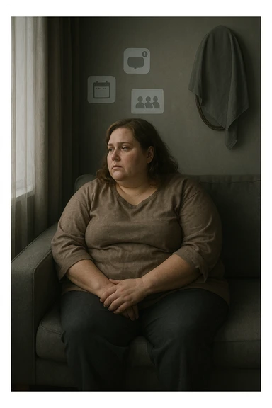Donna tra i 30 e i 40 anni seduta sola su un divano, con espressione malinconica e corpo visibilmente appesantito. Indossa abiti larghi, avvolgenti, e guarda fuori dalla finestra mentre il telefono è spento o con notifiche ignorate accanto a lei. Sullo sfondo, si notano segnali di vita sociale assente: messaggi non letti, inviti ignorati, foto di gruppo a cui non partecipa. L’atmosfera è silenziosa, con luce grigia e ambiente spento. Intorno a lei, simboli di ritiro e insicurezza: tende chiuse, specchio coperto, postura chiusa. Stile realistico, tono delicato ed emotivo sticker