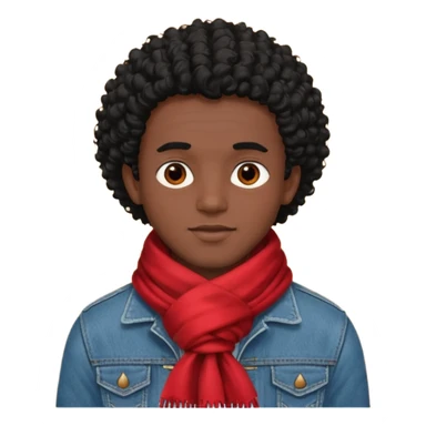 black skin man, curly black hair wear big red scraft, jean jacket sticker