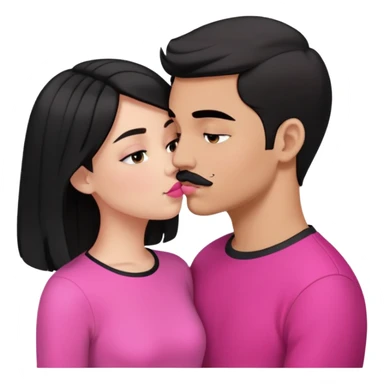 Brunette boy with short hair and black mustache wearing black clothes, kissing white girl with long black hair wearing pink clothes sticker