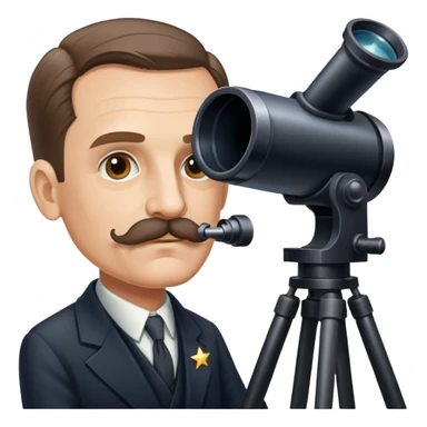 Astronomer Edwin Hubble with mustache, wearing a suit, looking through a telescope with stars in the background sticker