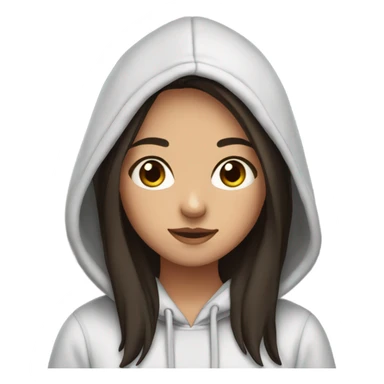 a girl with dark brown straight hair, dark eyes, 20 year old, with a cute hoodie  sticker