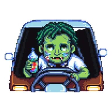 man drinking and driving with exaggerated features, cartoonish, pixel art style sticker