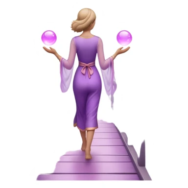 A small figure walks back across a foggy bridge, holding soft pink and purple orbs in each hand—symbolizing compassion and forgiveness. A gentle heart aura trails behind them, showing healing in motion. sticker