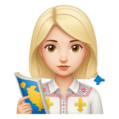 A Ukrainian girl in a white embroidered shirt holds a map of Ukraine sticker