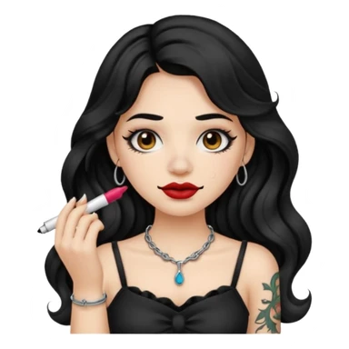 I want to create a female emoji with long black wavy hair and collar bone tattoo that says “me before you” and she has her nose pierced and black lip stick sticker