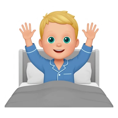 Use the same 3 year old blonde boy with blueish-green eyes, it should be the same boy as before  happy with plain blue pajamas raising both arms up, on the bed, the bed should be gray sticker