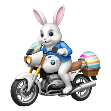 Easter bunny riding a BMW boxer motorcycle with trees and grass in the background and colorful Easter eggs hidden in the grass sticker