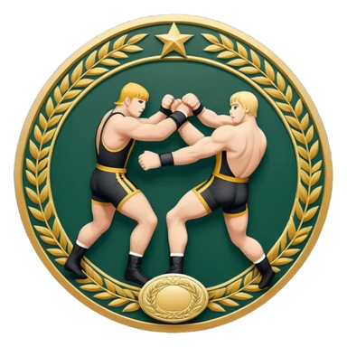 An icon symbolizing wrestling combat sports in the style of an emblem. The design features two wrestlers locked in a powerful grapple, one attempting to take the other down. Surrounding the scene are stylized elements like a championship belt, wrestling mat, and a laurel wreath.  sticker