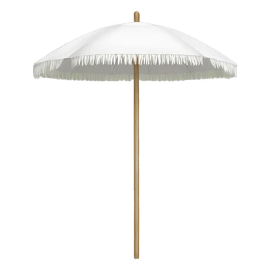 White beach umbrella with short white tassels and a straight wooden pole sticker