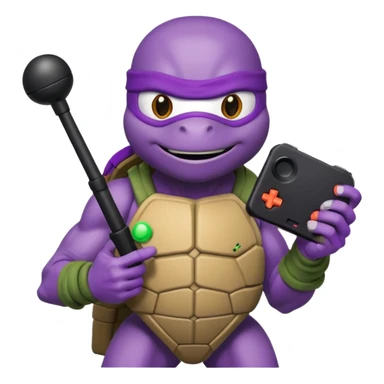 Donatello from Teenage Mutant Ninja Turtles, emoji style, holding a joystick and a tech gadget sticker