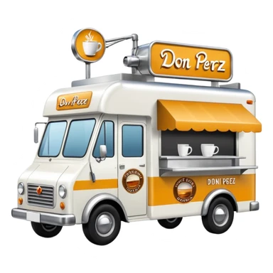 white coffee truck with "Don Perez" cafe sign sticker